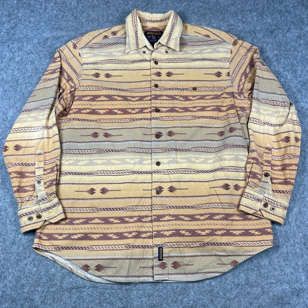 Vintage Woolrich Mens Southwestern Aztec Pattern Button Down Shirt Tan Brown XL